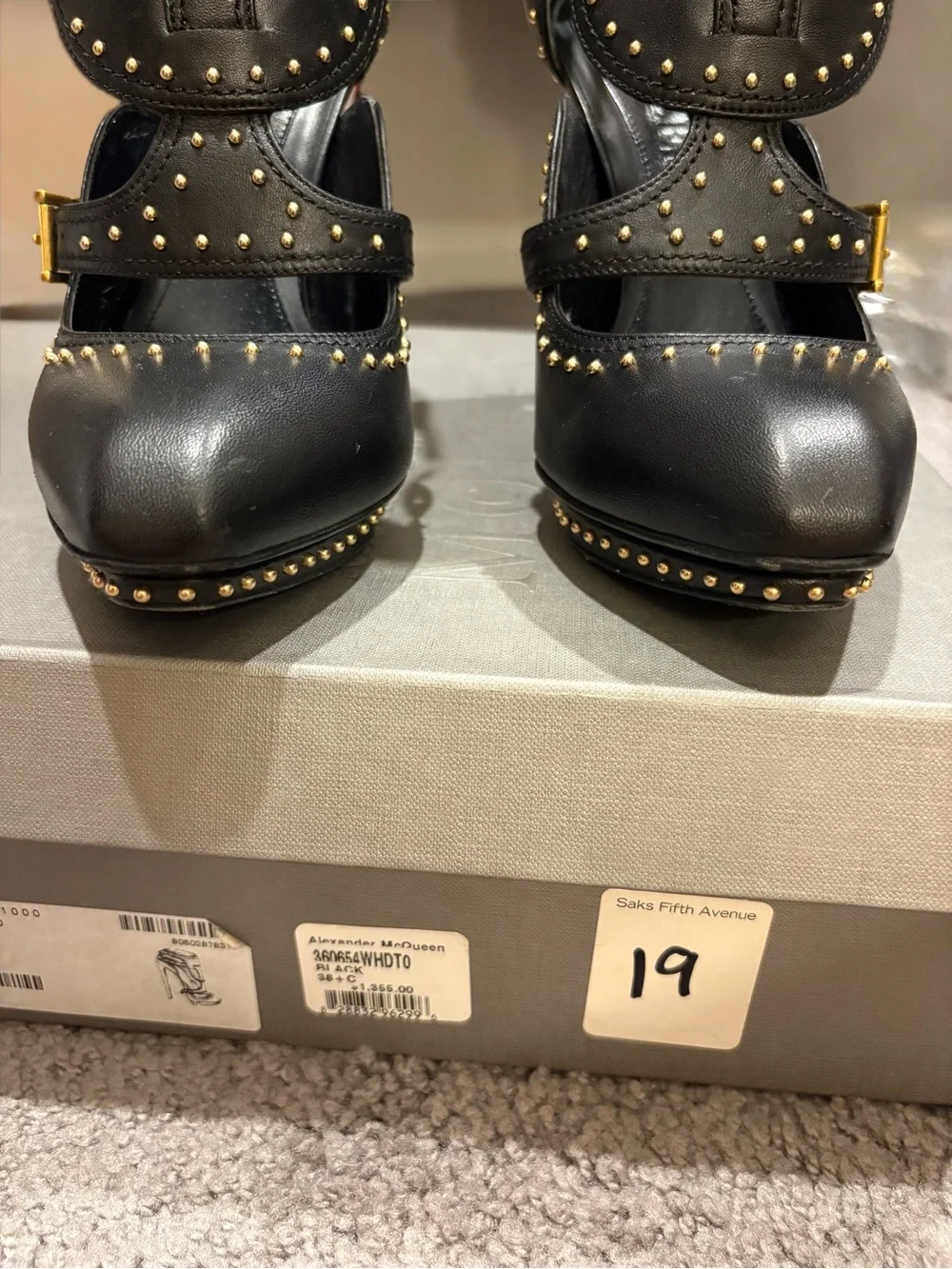 ALEXANDER McQUEEN Black Gold Studded Buckle Scarpa Pelle Cuoio Size 8 1/2